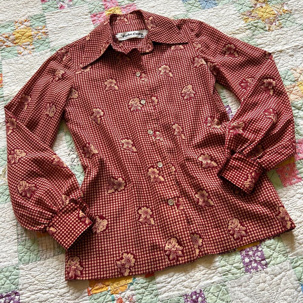 Vintage 70s Victor Costa Dagger Collar Bishop Sleeve Blouse XS S